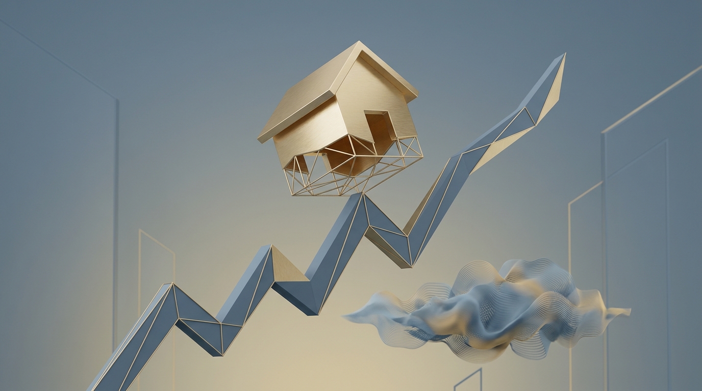 A 3D illustration of a house suspended above a rising line graph, representing housing market economic pressures