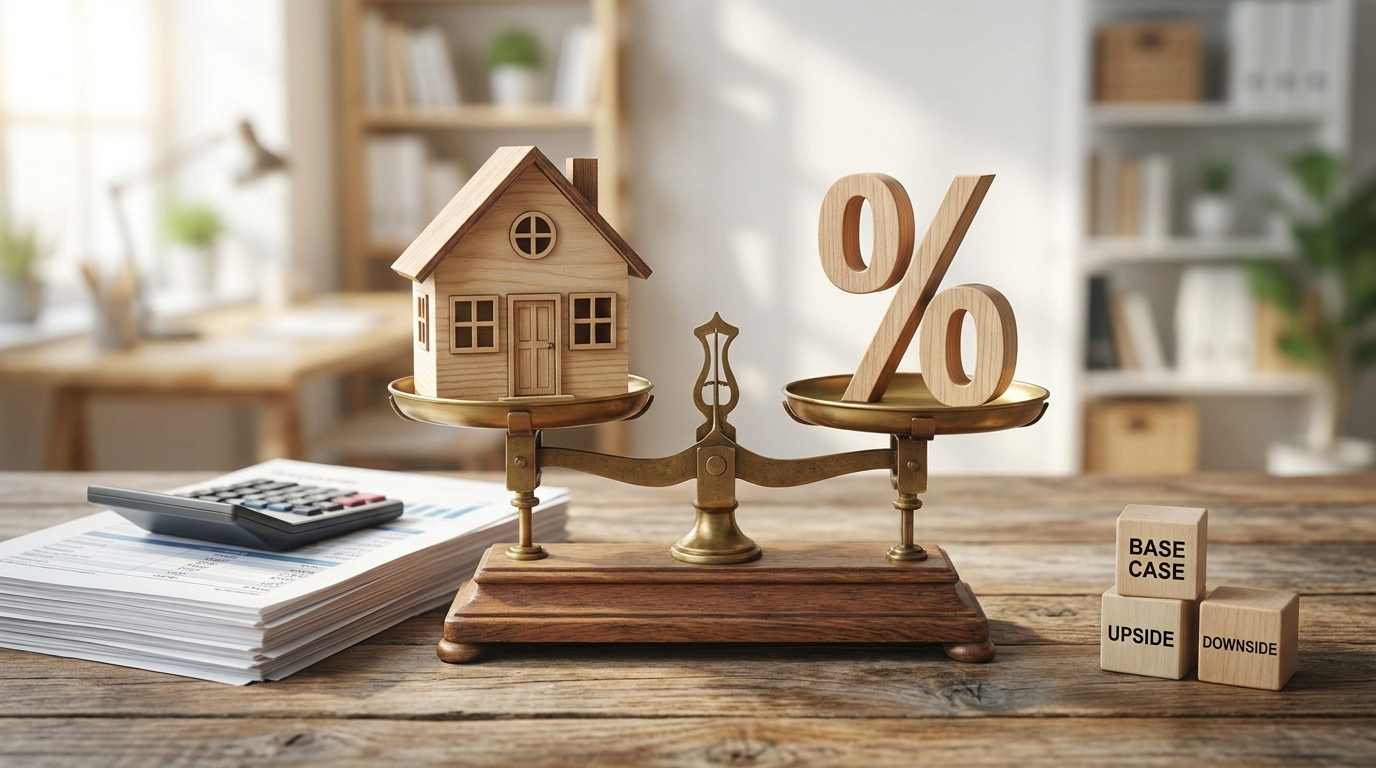 Miniature wooden house and a percentage symbol resting on a balancing scale, real estate interest rate and...