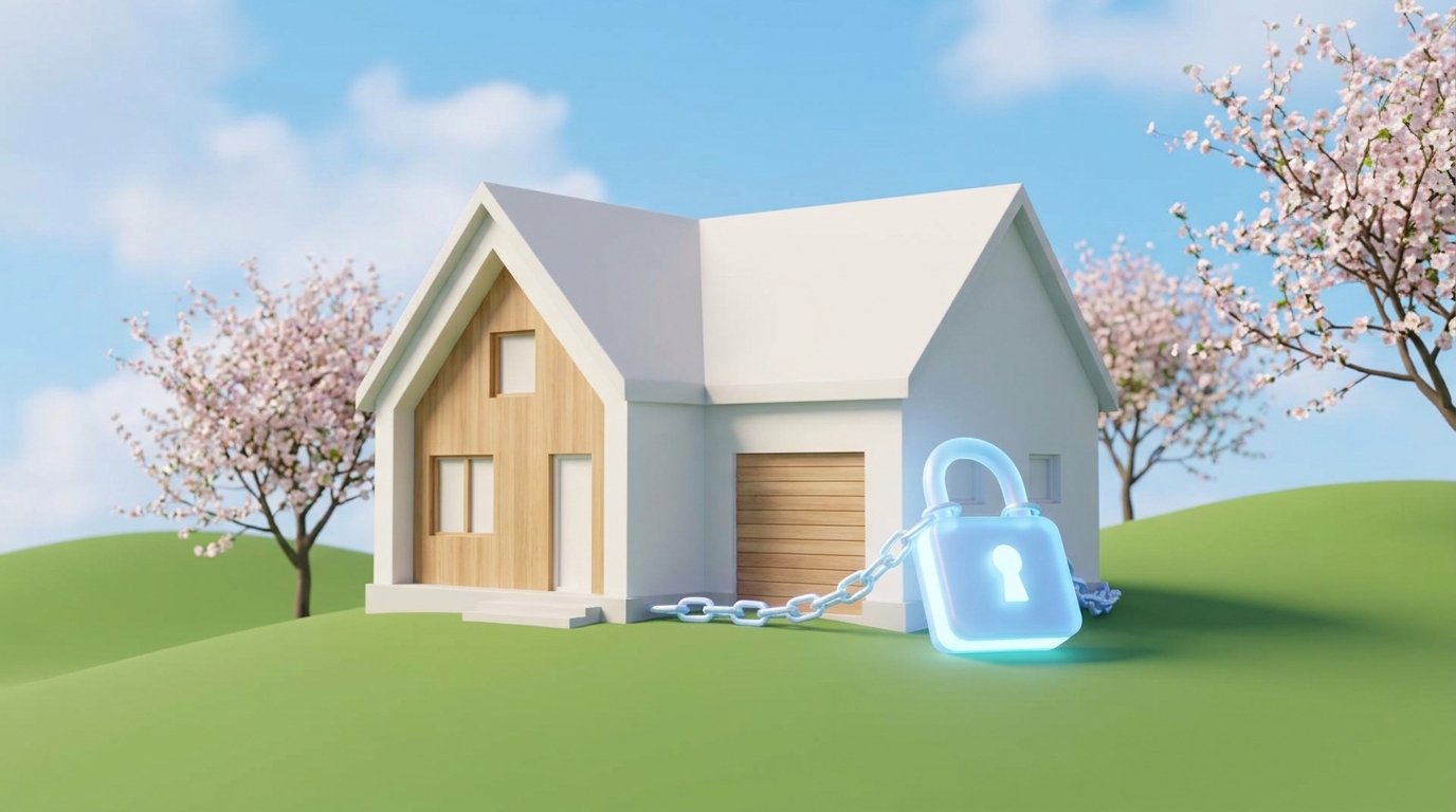 A minimalist 3D illustration of a suburban home secured to the ground by a glowing padlock under a bright spring sky.