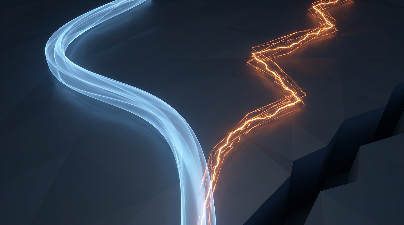 3D illustration showing two financial trend paths diverging. One path is
