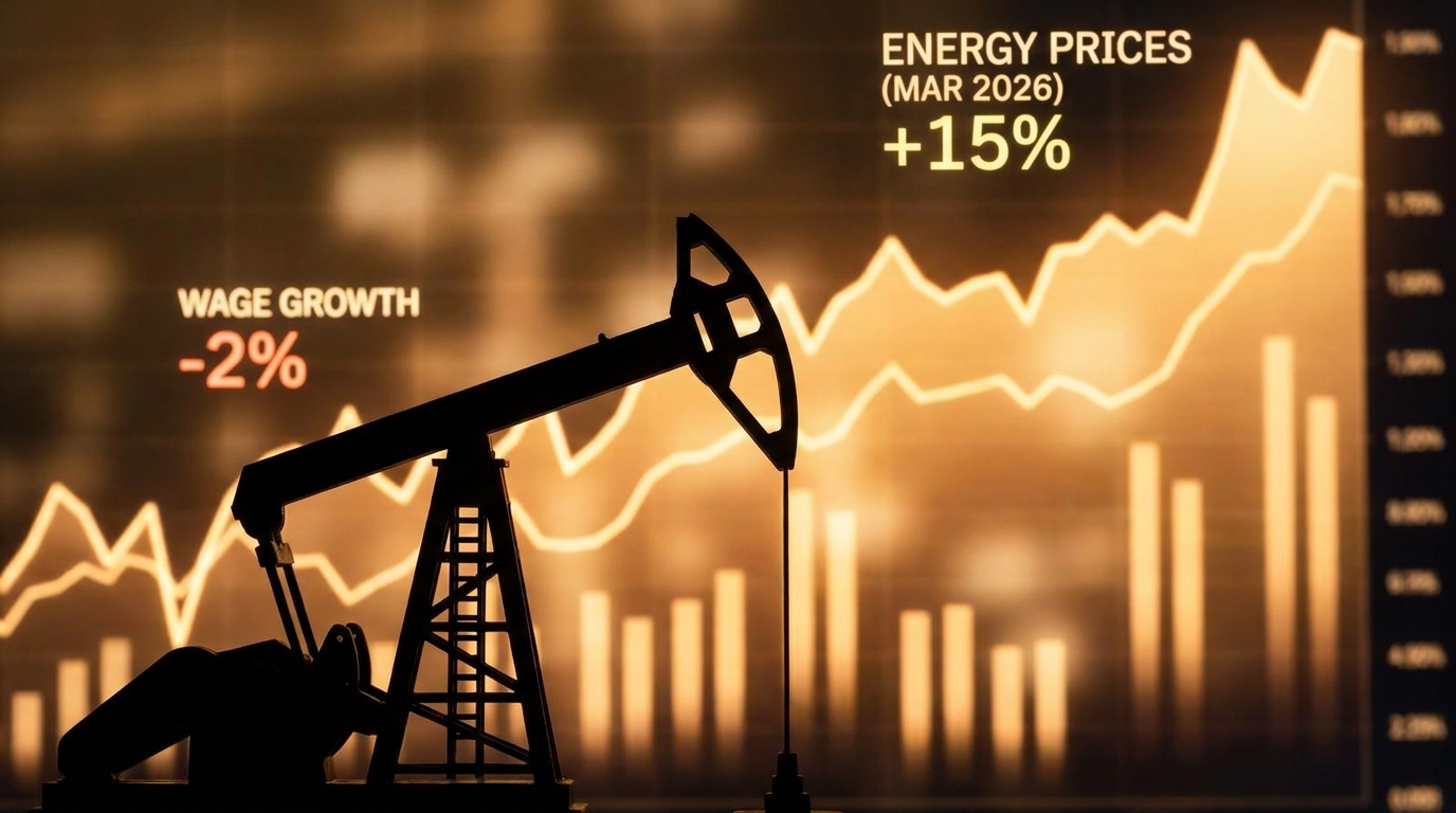 Oil pump jack silhouette against a background of rising financial charts and data graphs, representing energy...