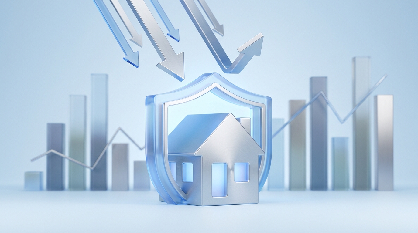A minimalist 3D illustration of a glowing shield protecting a stylized house from descending arrows against abstract financial charts.
