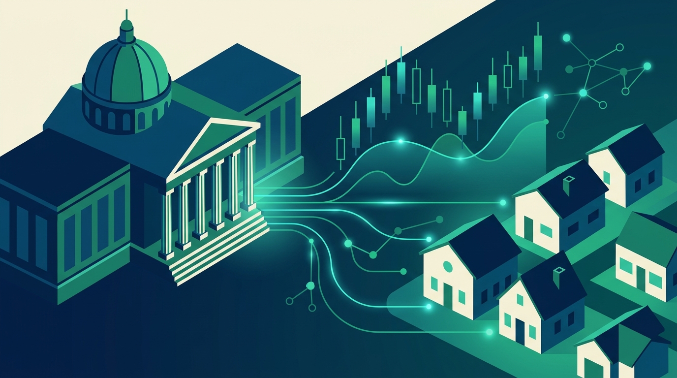 A classical government building connected to suburban houses via glowing data lines and financial charts