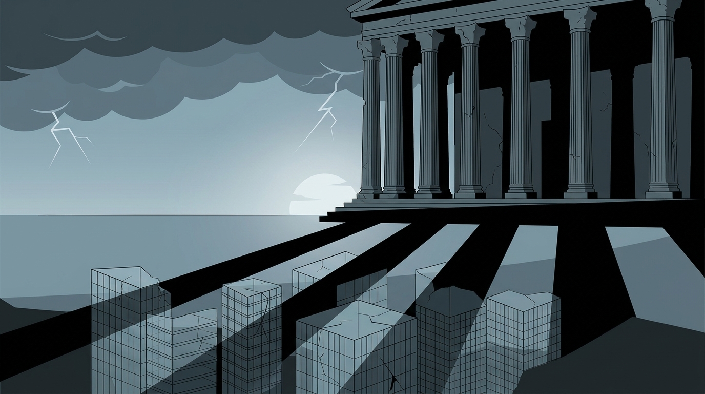 Classical stone government columns casting long shadows over fragile glass commercial skyscrapers under a stormy sky.