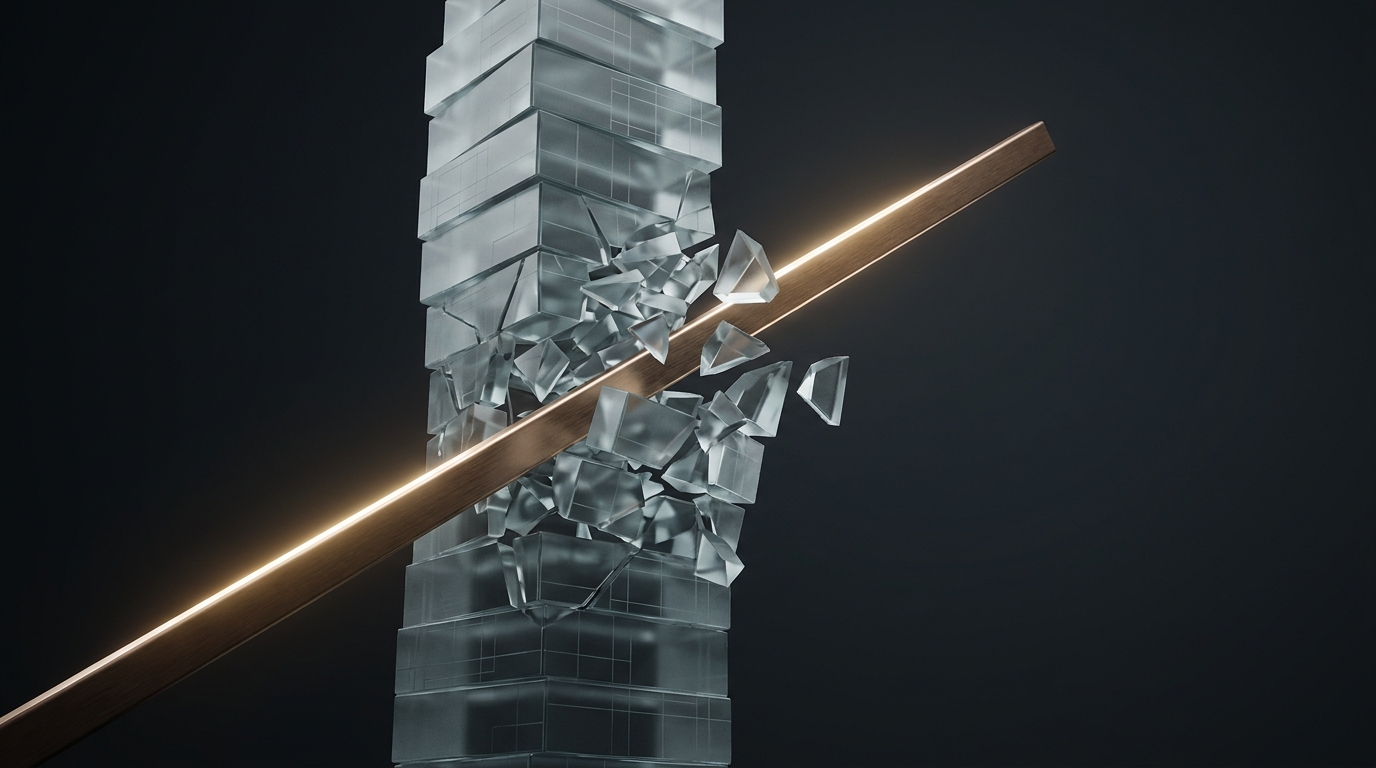 A clean, minimal 3D abstract illustration showing a rigid, upward-sloping glowing metallic line representing...