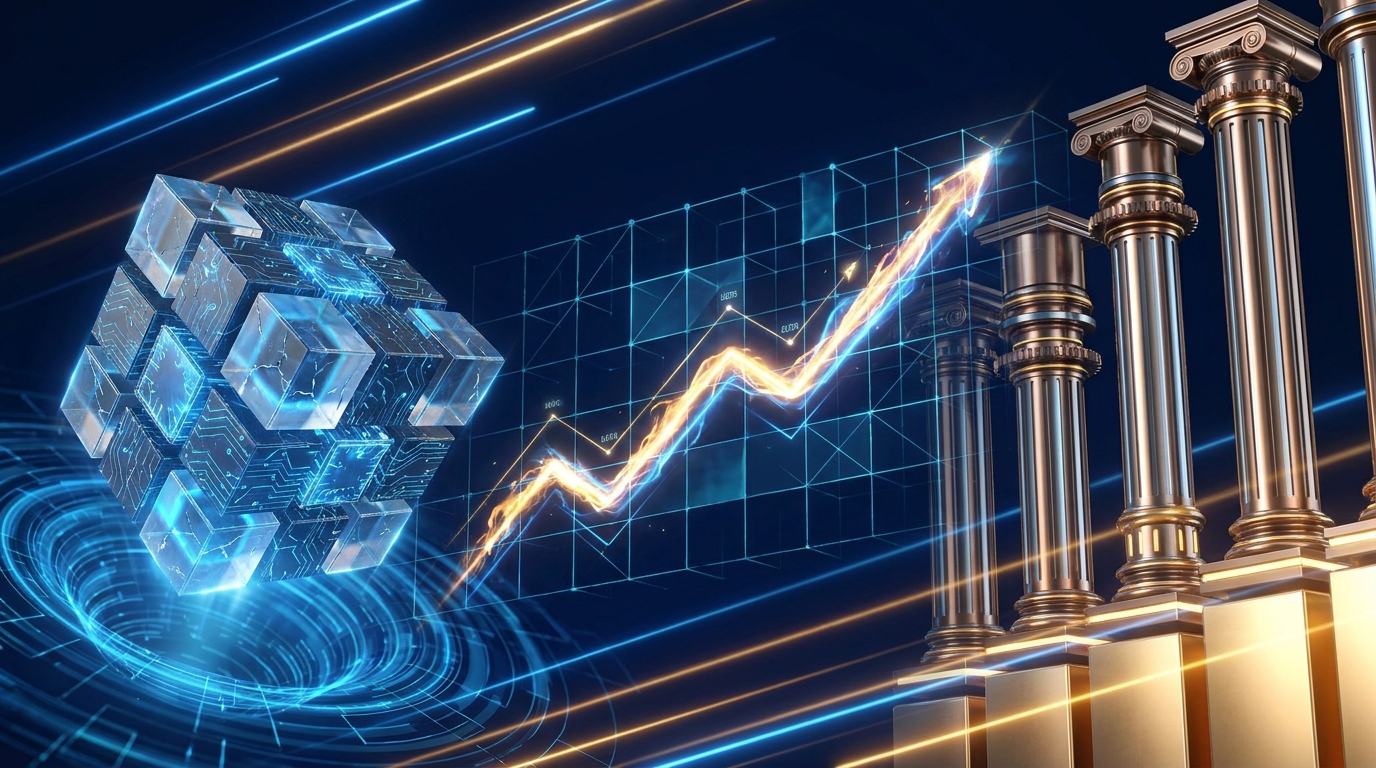 Abstract 3D illustration of a glowing yield curve line chart cutting through a dark digital grid with rising metallic pillars and lowering glass cubes.