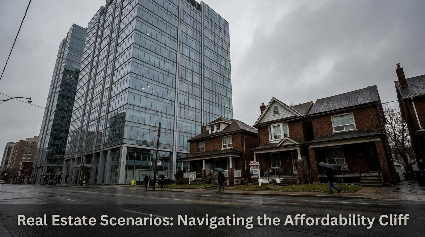 low angle view of modern commercial office building next to residential houses with overcast sky financial...