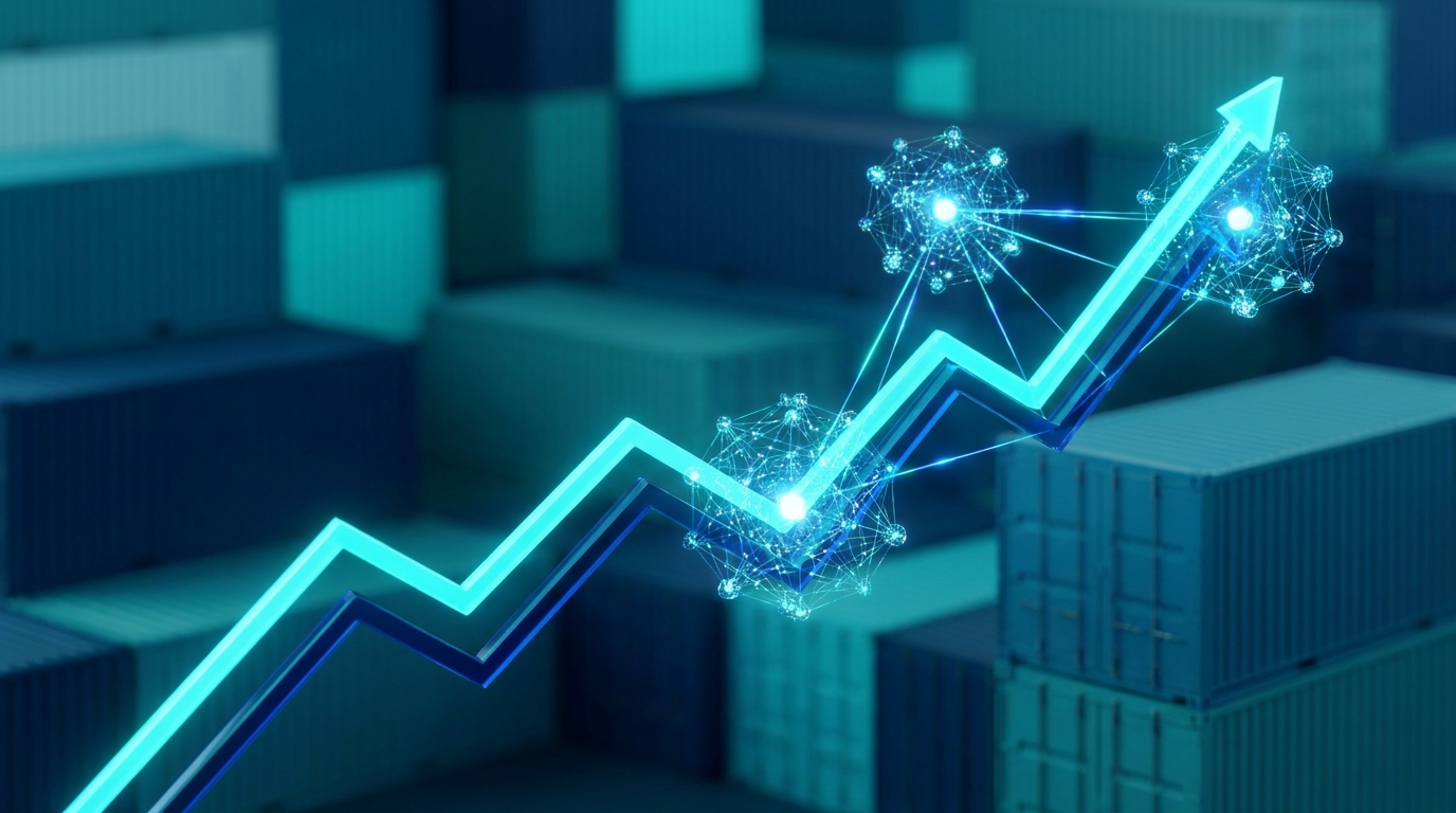 Abstract 3D illustration of an upward financial trend line intersecting with digital AI nodes against a backdrop of shipping containers.