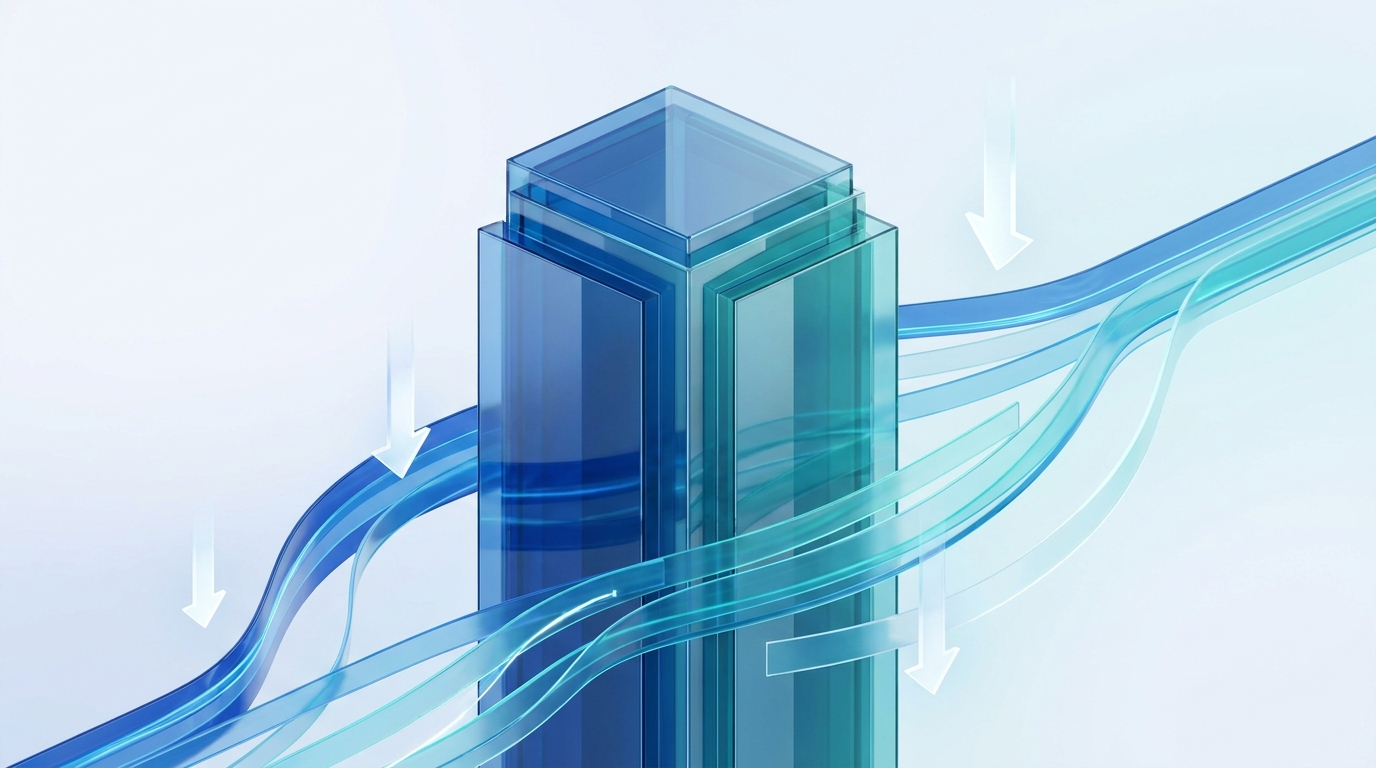 A minimalist 3D rendering of a glass skyscraper surrounded by glowing downward-trending data lines representing cooling interest rates.