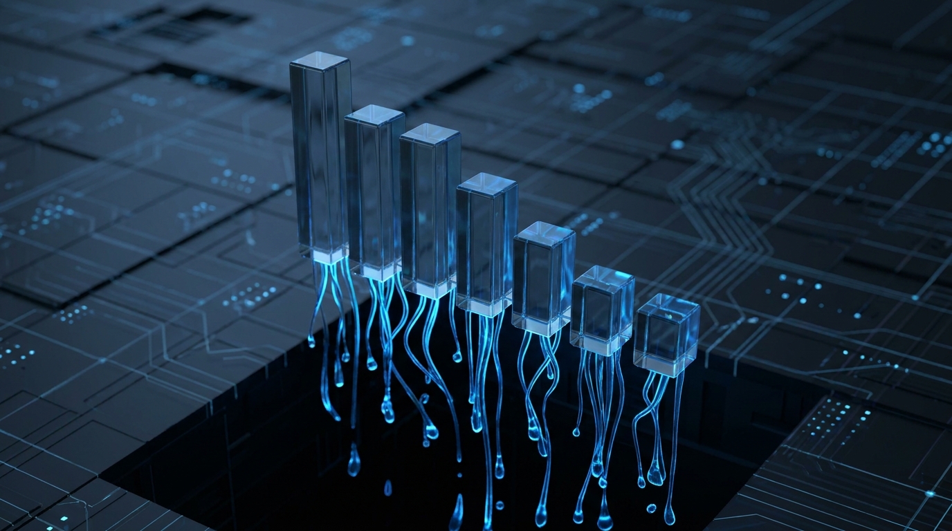 Abstract 3D illustration of blue liquid draining from transparent financial bar charts, representing market liquidity withdrawal.
