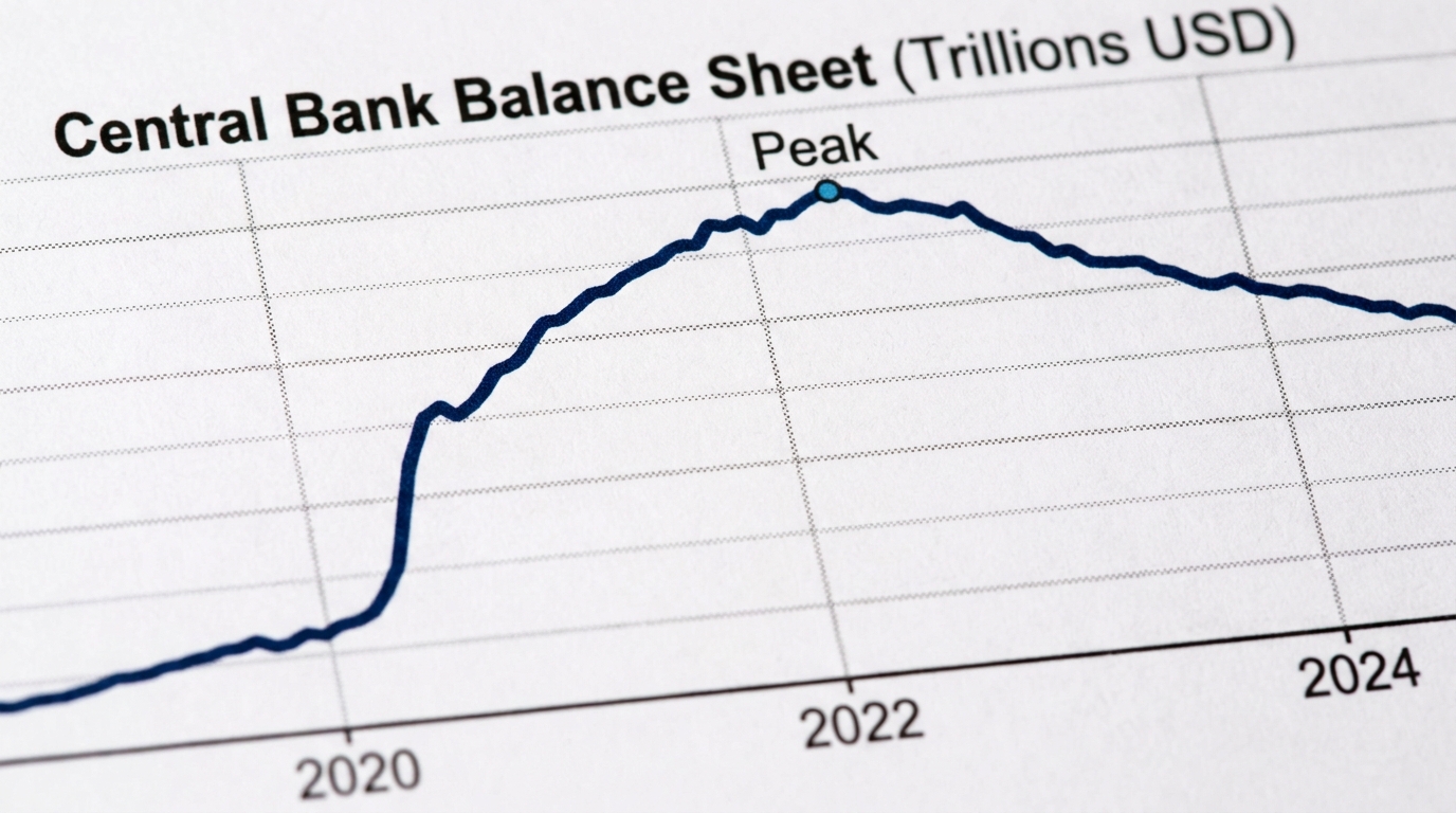 macroeconomic financial chart showing steep peak and gradual decline representing balance sheet tightening