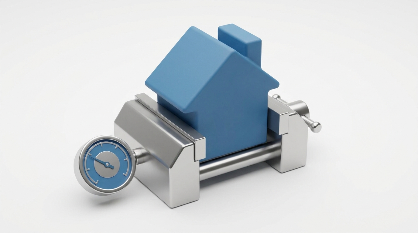 A stylized 3D white house being gently squeezed by a metallic vice on a clean corporate blue background