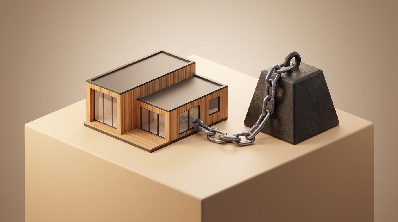 3D illustration of a modern suburban house chained to a heavy metal weight