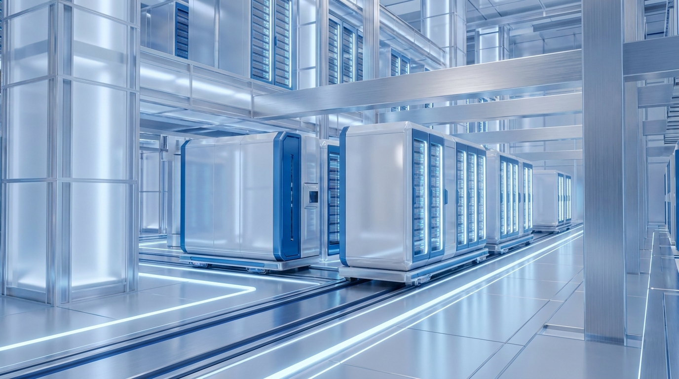 Abstract 3D illustration of modular server racks being seamlessly slotted into a