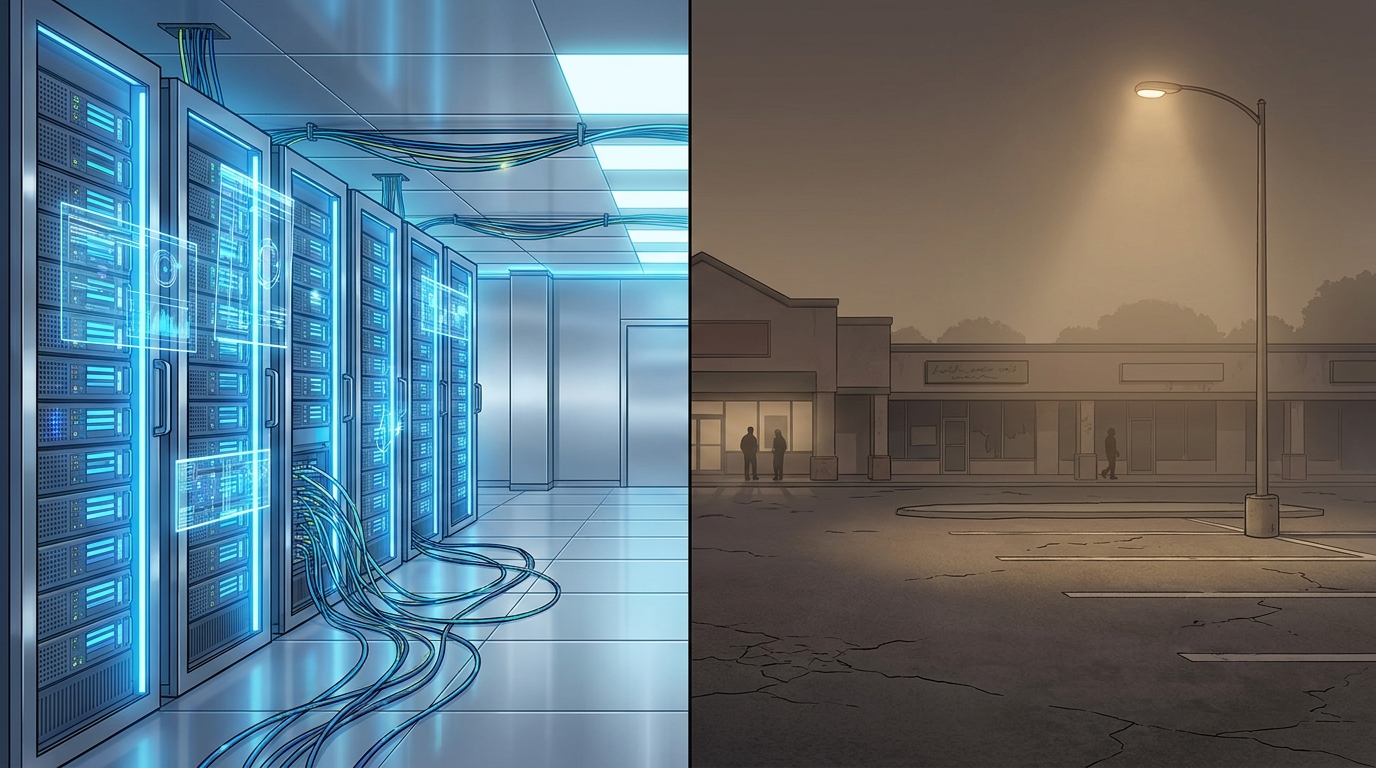 A split digital illustration contrasting a brightly lit futuristic data center with a dimly lit suburban retail landscape.