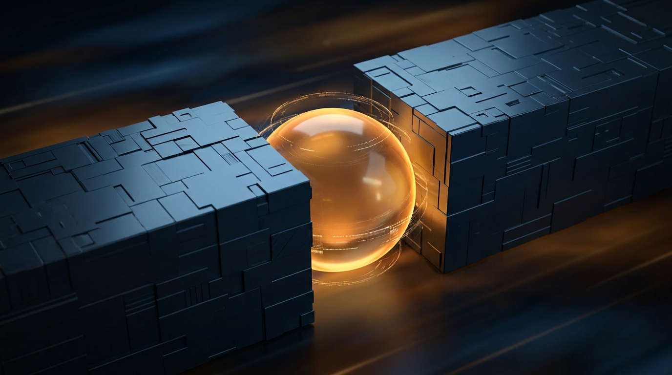 Abstract 3D illustration of a glowing amber sphere compressed by two dark metallic blocks, symbolizing a financial margin squeeze.