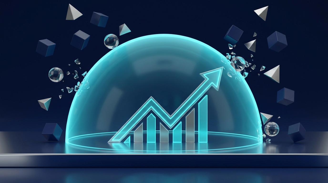 A glowing protective dome shielding an upward-trending financial graph from falling geometric debris