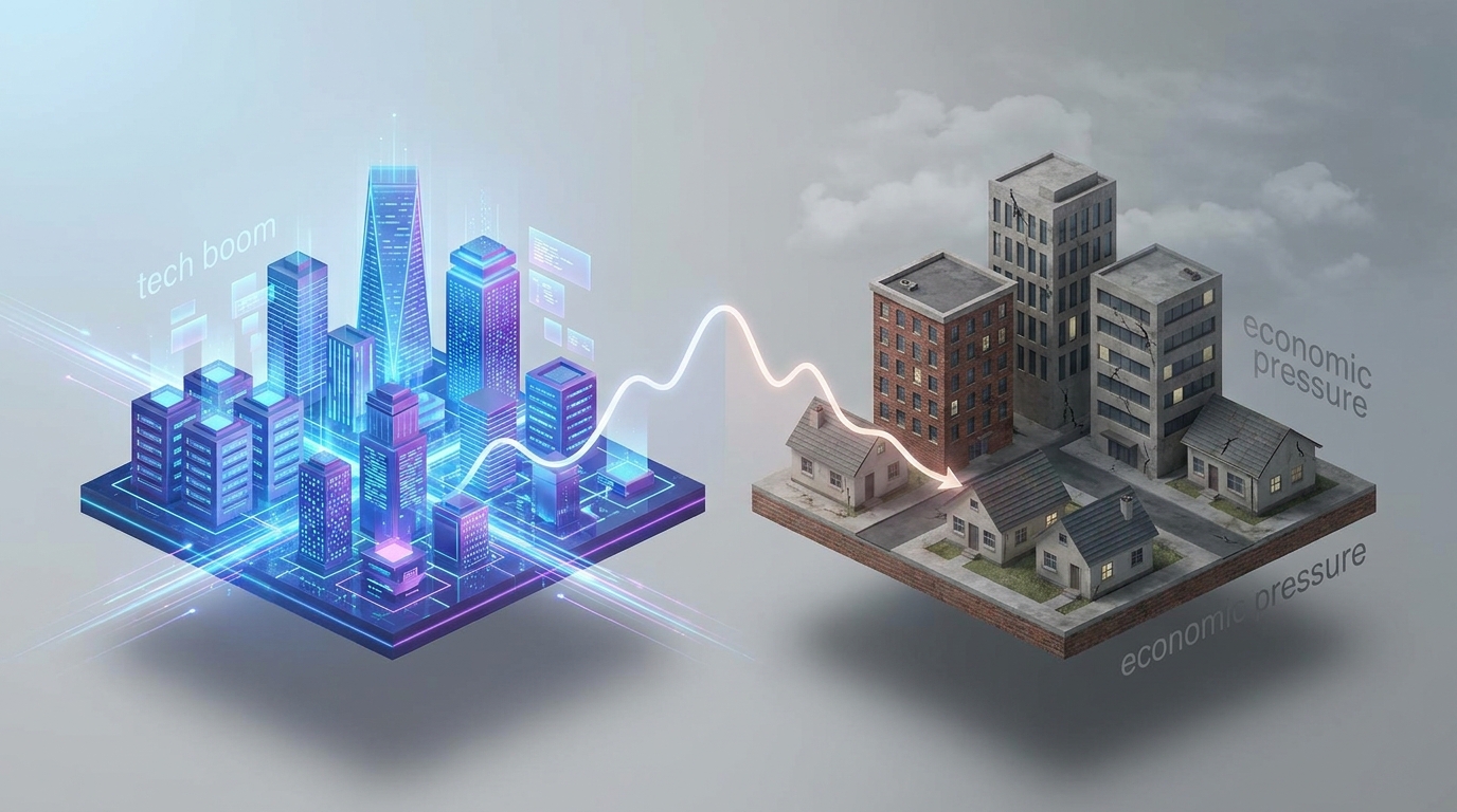 A 3D illustration contrasting glowing technology infrastructure with overcast traditional commercial and residential real estate buildings.