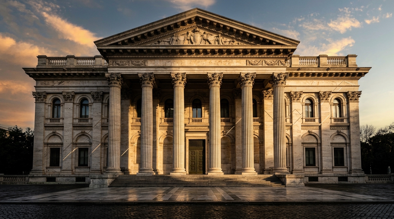 Neoclassical central bank building facade with tall marble columns in late afternoon light