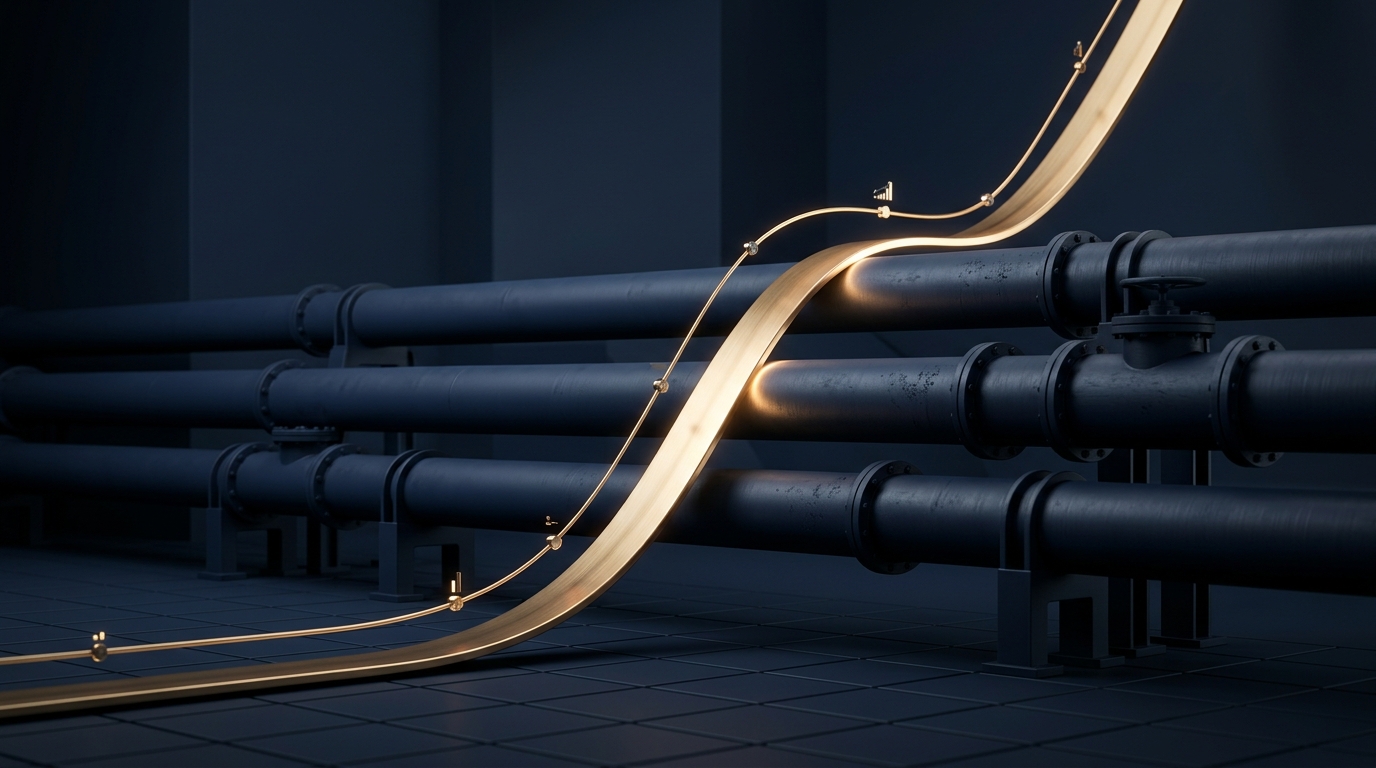 Minimalist 3D rendering of an upward interest rate curve intersecting with industrial oil pipelines in navy blue and gold tones.