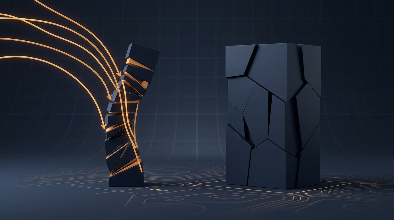 Abstract 3D geometric pillars showing floating rate versus fixed rate corporate balance sheet debt structures