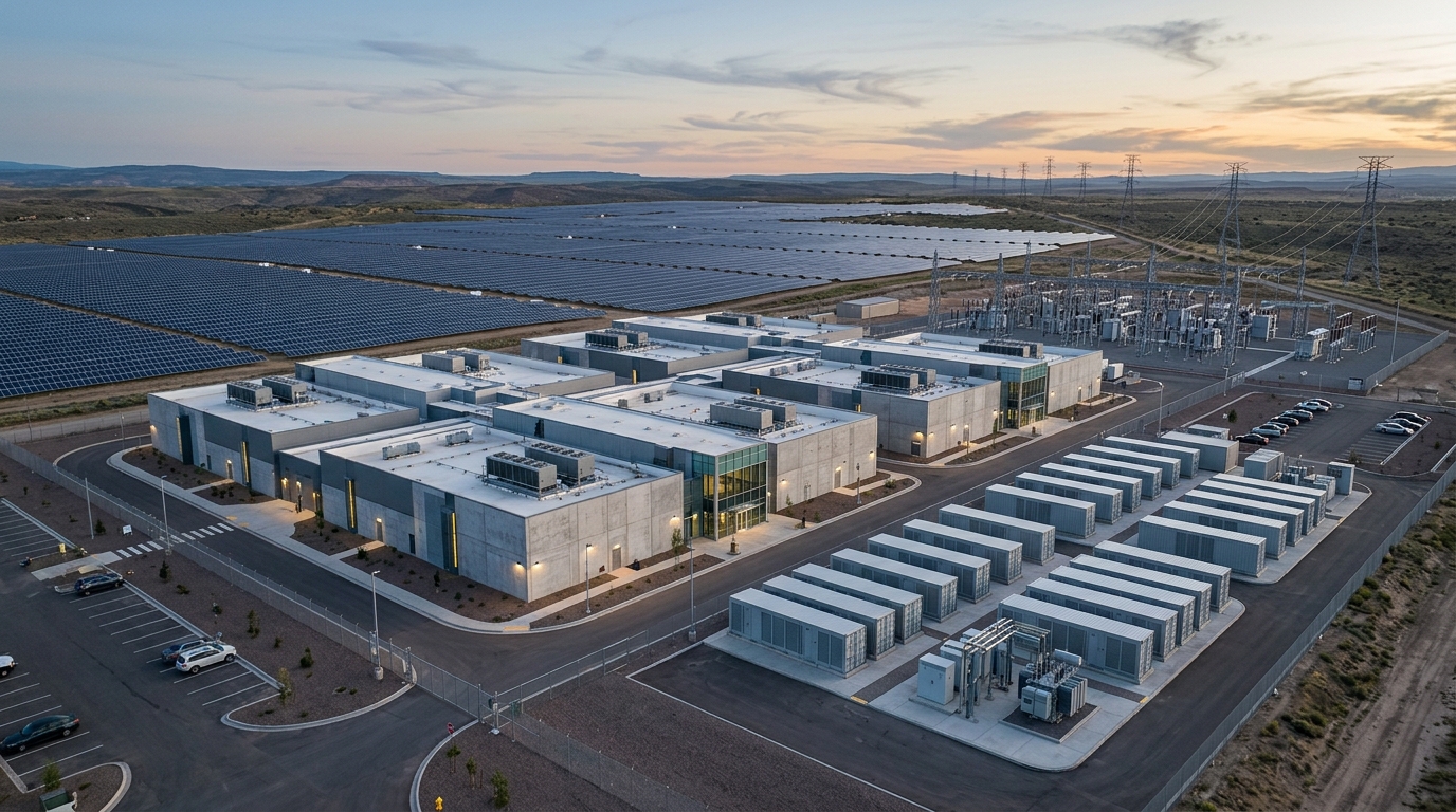 Aerial view of a hyperscale data center adjacent to a utility-scale solar farm and battery storage facility at dusk