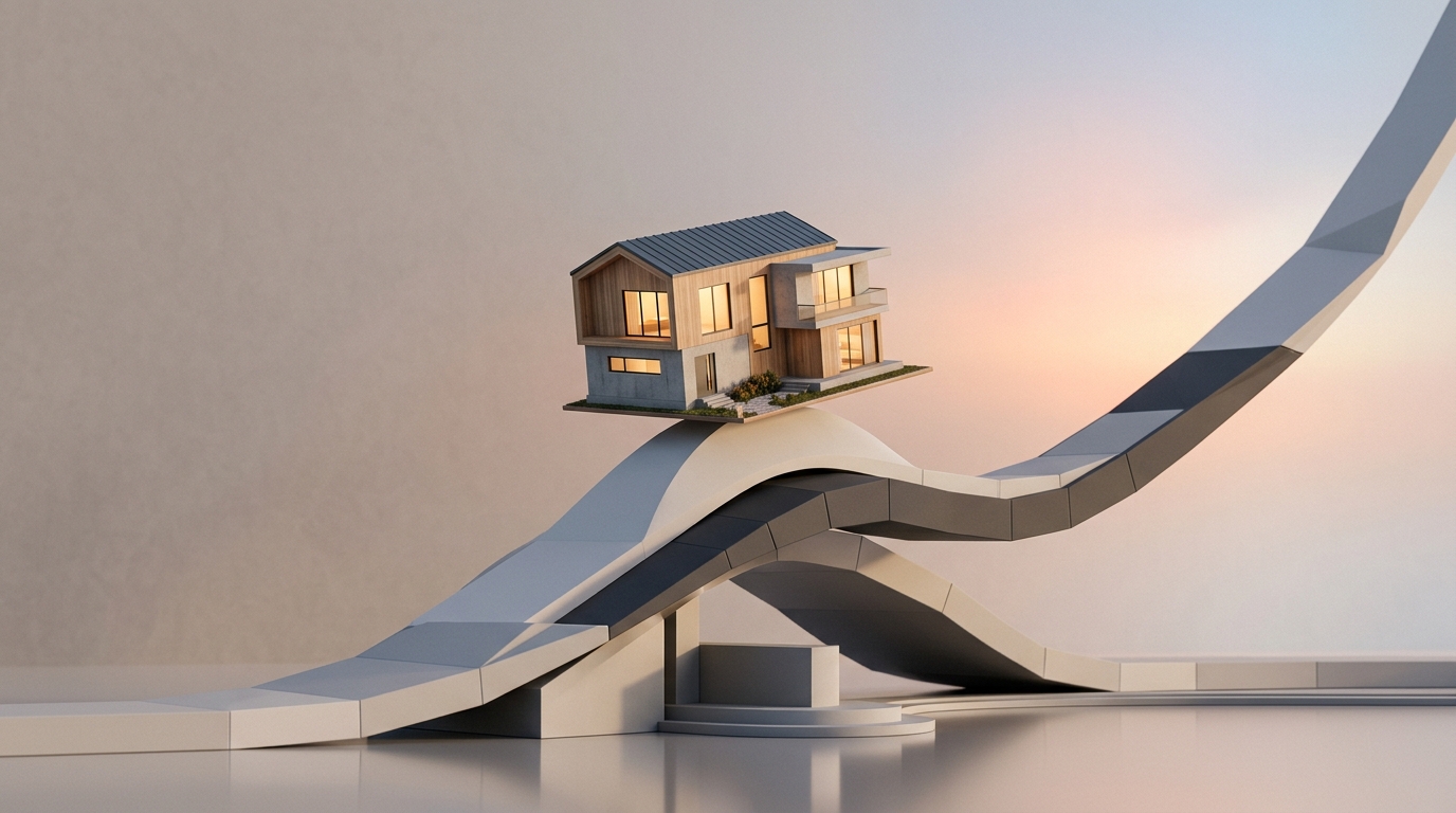 3D miniature modern house positioned atop a rising financial trend line on a neutral background