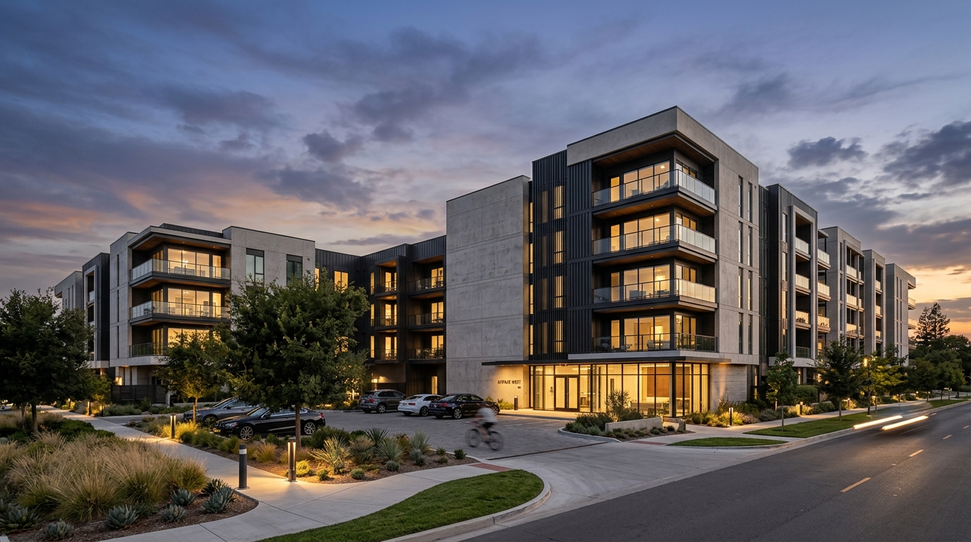 Exterior view of a modern multifamily apartment building at dusk with clean geometric lines and illuminated balconies