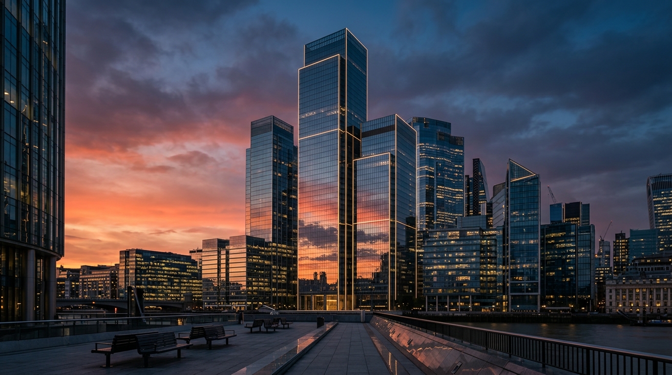 Modern metropolitan glass office towers reflecting dusk sky with financial district architecture
