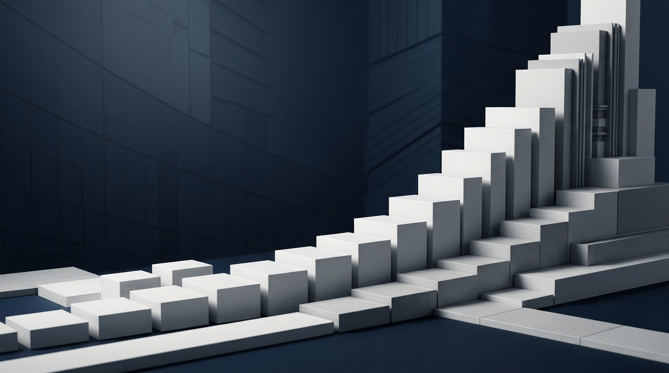Ascending 3D geometric stepped blocks representing interest rate paths on a slate blue background