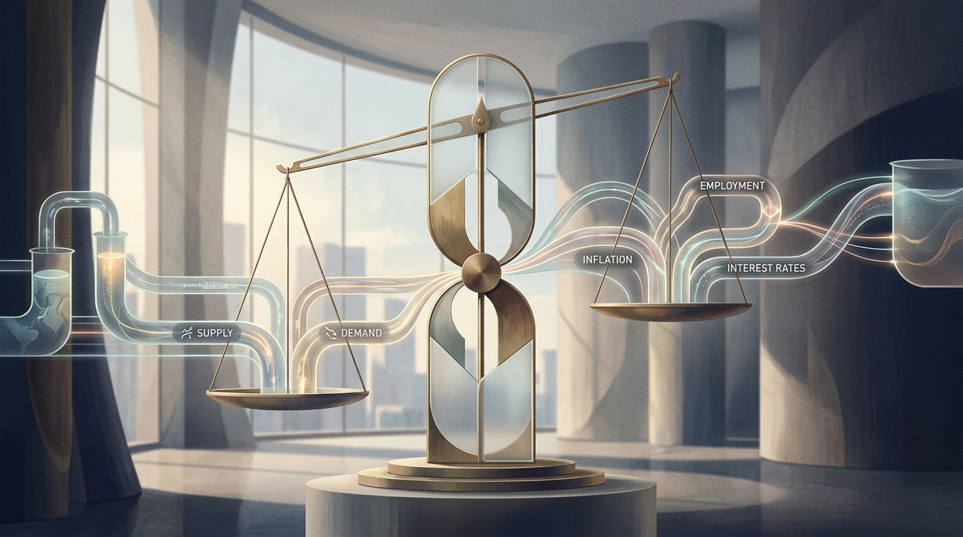 Geometric brass and frosted glass balance scales stabilizing abstract financial conduits on an executive desk under soft morning light.
