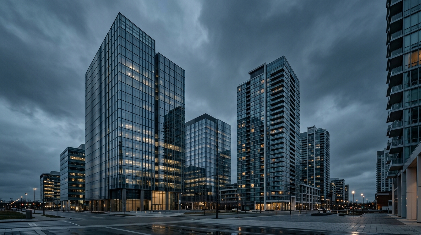 Exterior view of modern commercial office towers and apartment buildings at dusk with illuminated windows.
