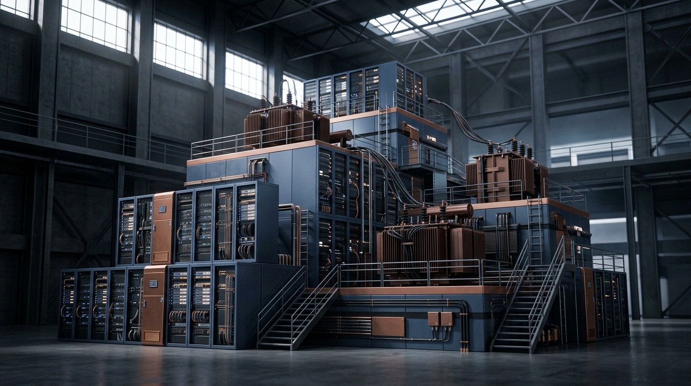 Architectural 3D rendering of modular server racks and electrical power transformers in slate blue and copper tones.