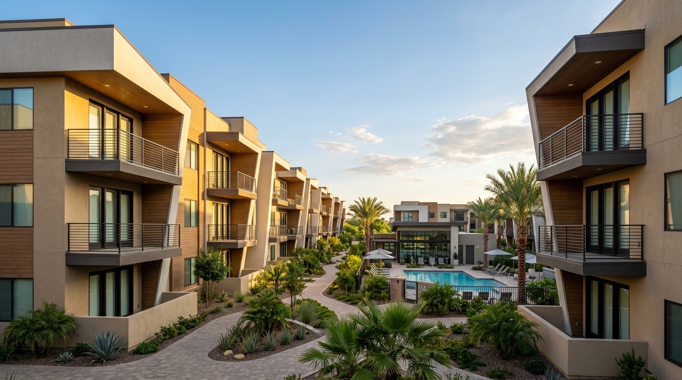 Exterior view of modern garden-style apartment buildings with geometric balconies in late-afternoon sunlight.