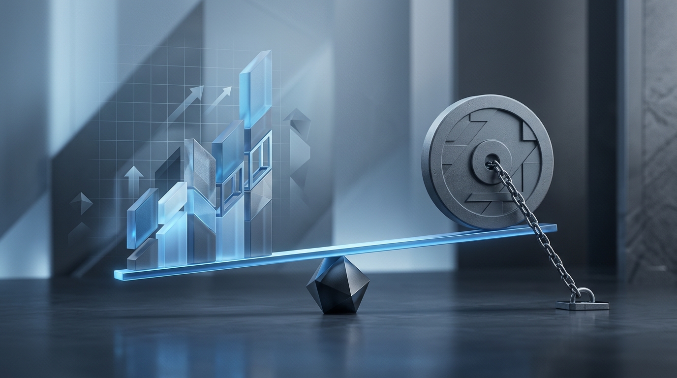 3D geometric column rising beside a balanced metallic anchor representing interest rate expectations on a reflective slate surface.