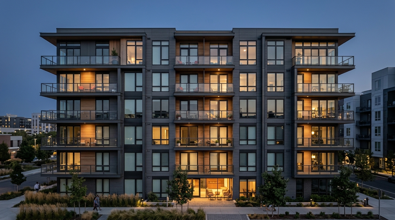 Exterior view of a contemporary mid-rise apartment building at dusk with illuminated windows and modern balconies.